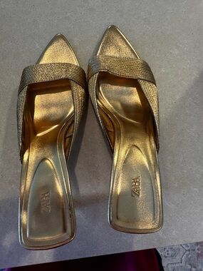 Zara Gold Pointed-Toe Slide Mules
